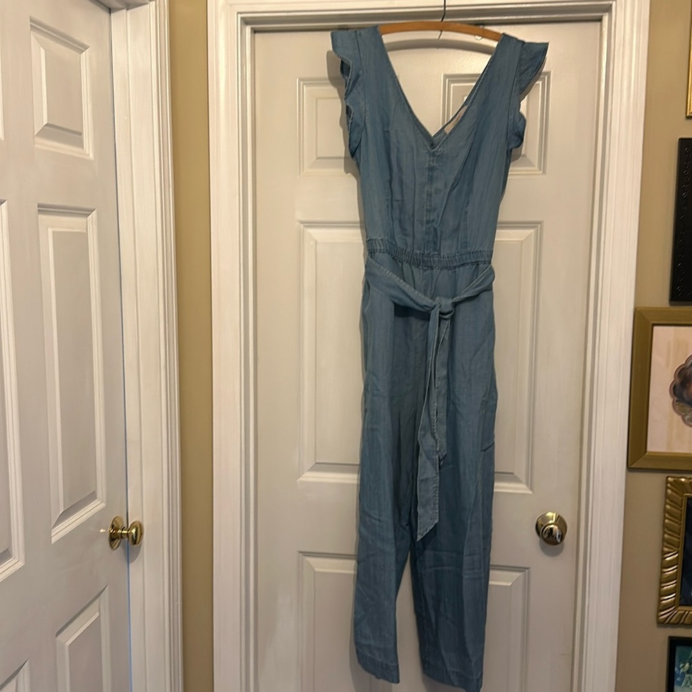 LOFT Light Blue Denim Jumpsuit with Tie Waist